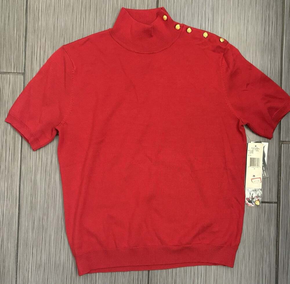Lauren Ralph Lauren Short-Sleeve Knit Mock Neck Sweater Medium Red Gold Buttons